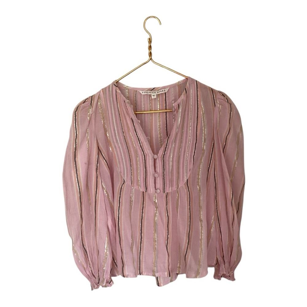 Veronica Beard Pink Metallic Silver Stripe Multi Colorway Blouse Size S